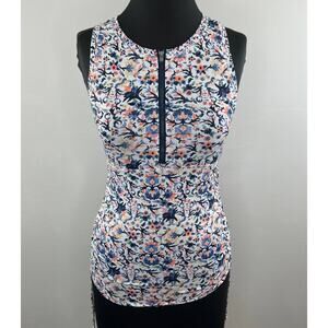 ATHLETA White Blue Partial Zip Sleeveless Barbados Side Scrunch Tank Sz XXS